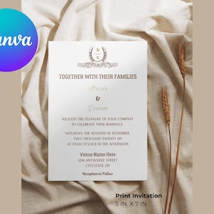 May include: A white rectangular wedding invitation card measuring 5 inches by 7 inches with brown text. The design features a horseshoe emblem with the letters B and G, followed by the text Together with their families, Bride and Groom, and event details.