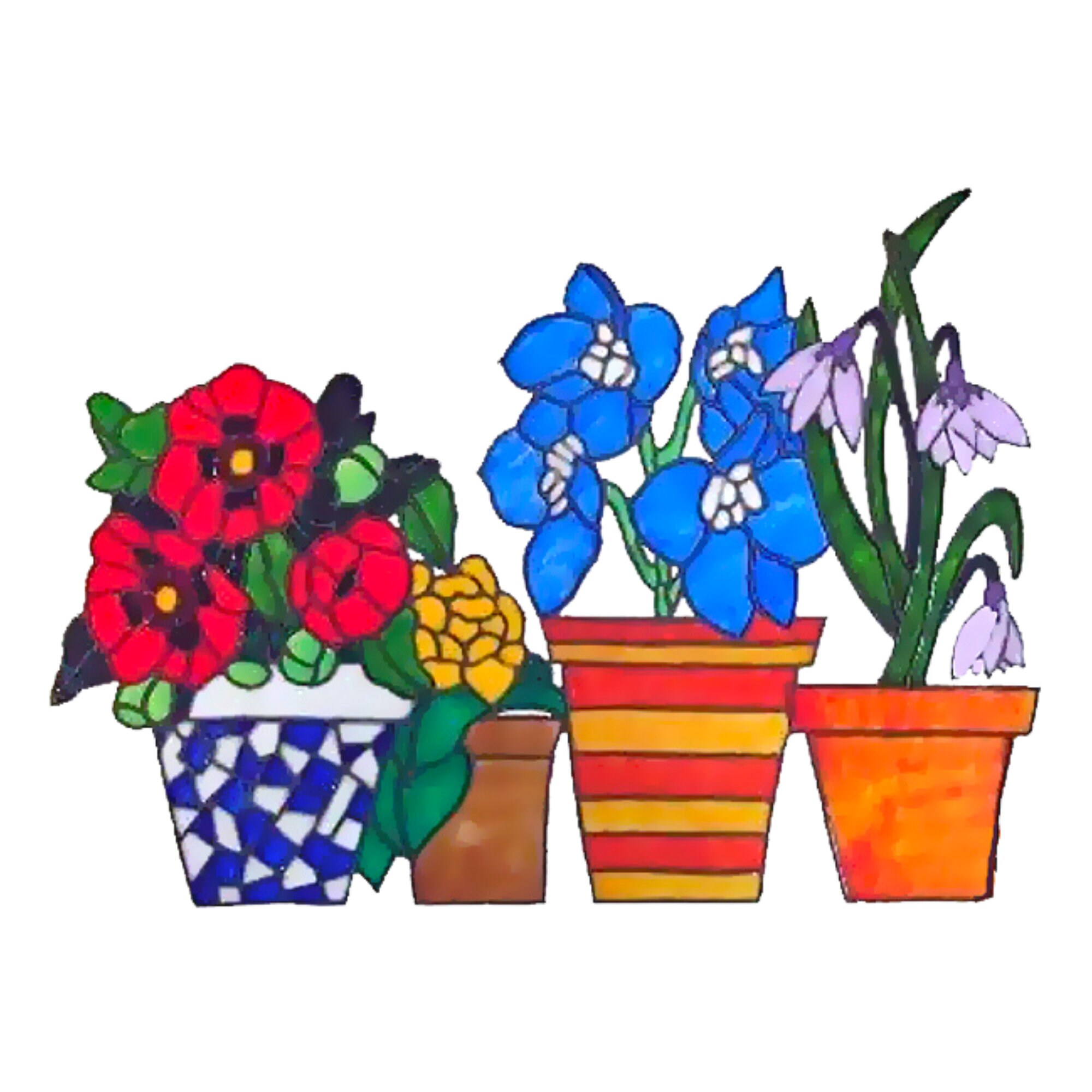 Flower Pot Window Clings Blue Mosaic Faux Stained Glass Etsy