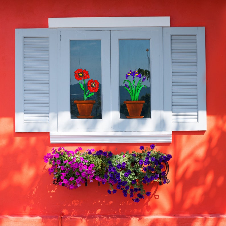 Flower Pot Window Clings Iris Daisies & Poppies Faux Etsy