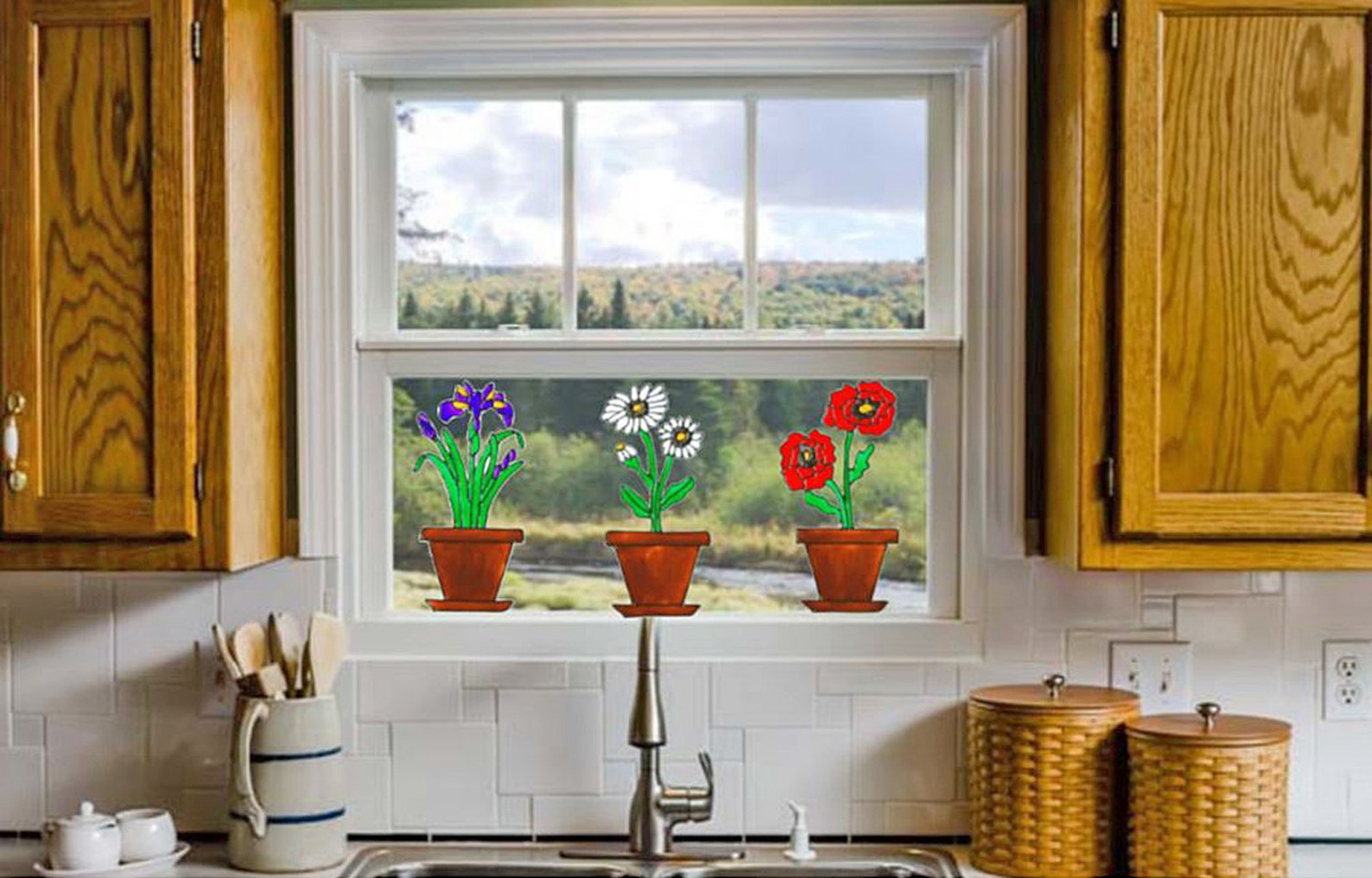 Flower Pot Window Clings Iris Daisies & Poppies Faux Etsy
