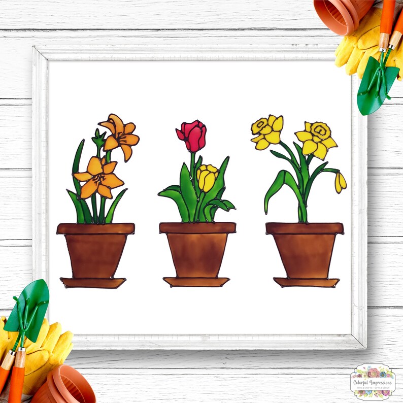 Flower Pot Window Clings Lilies Tulips & Daffodils Faux Etsy