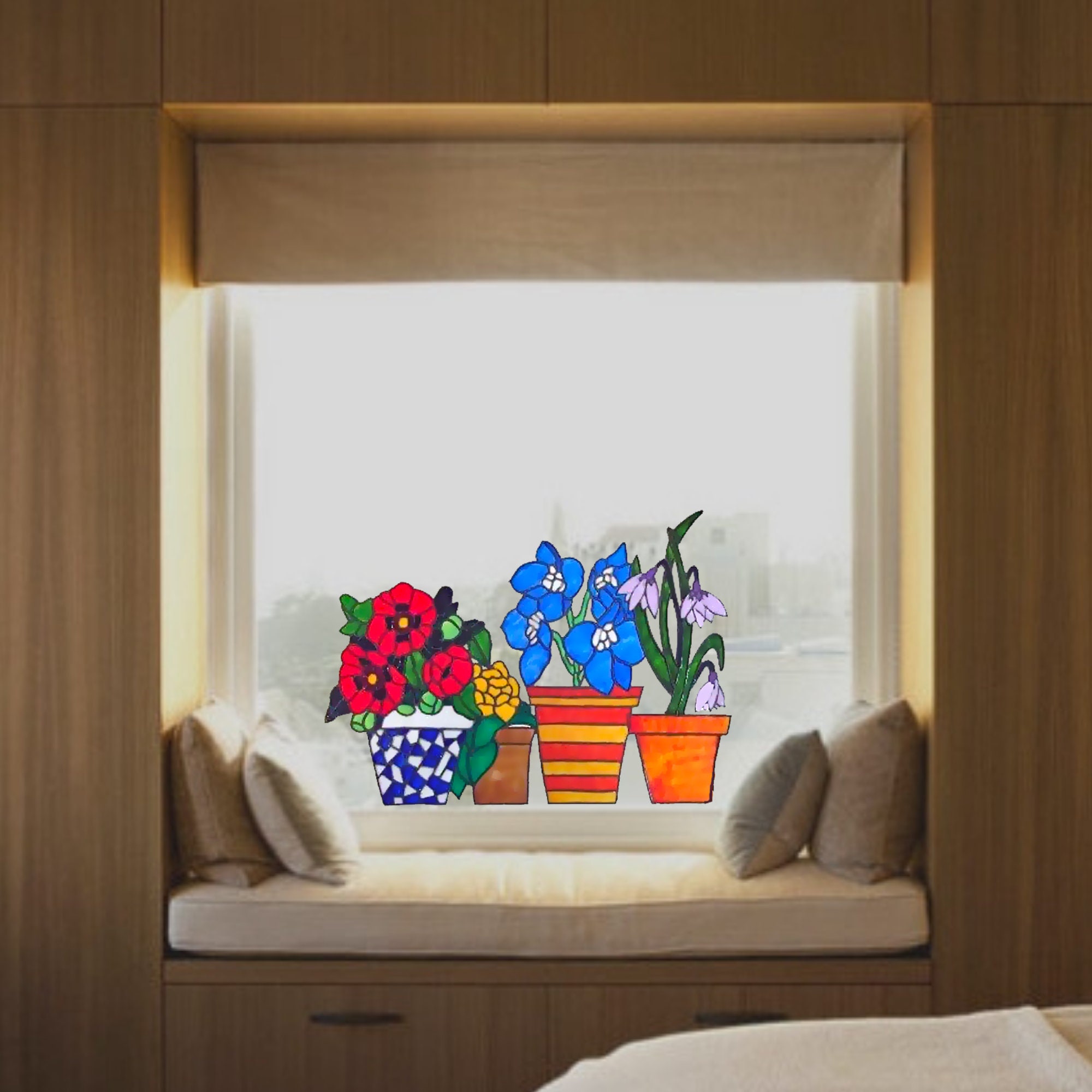 Flower Pot Window Clings Blue Mosaic Faux Stained Glass Etsy