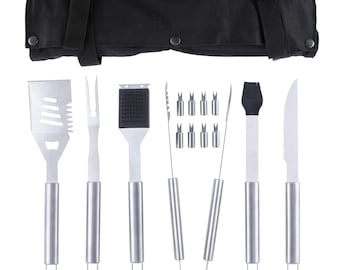 BBQ Accessories Kit, Skewers, Spatula, Knife, Tongs, Brush, Corn Holders, Portable Grilling Set, Fabric Case, Ideal Camping, Picnics, Gifts
