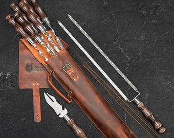 Juego de brochetas de acero inoxidable para barbacoa con tenedor y cuchillo en carcaj de cuero, regalo ideal para el cumpleaños de papá, regalo del chef y para cocinar al aire libre