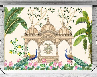 Peacock Gate Pichwai-achtergrond: Indiaas bruilofts- en festivaldecor (10 x 12 ft)