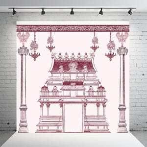 Festival Backdrops Retro Temple Art Backdrop 8x8 ft | Indian Vintage Style Festival Decor | Spiritual Pooja Mandir Background