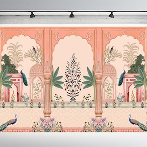 Festival Backdrops Pichwai Peacock Palace Backdrop | 8x10 ft | Grand Indian Decor for Janmashtami, Wedding, Pooja & Griha Pravesh