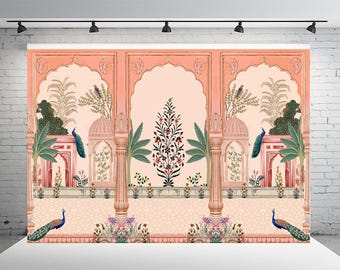 Achtergrond Pichwai Pauwenpaleis: Indiase bruiloft Pooja-decor - 8 x 3 ft