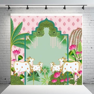 Pichwai Mural Cow Dhenu Backdrop Cloth (8ft-8ft) Pooja Decoration
