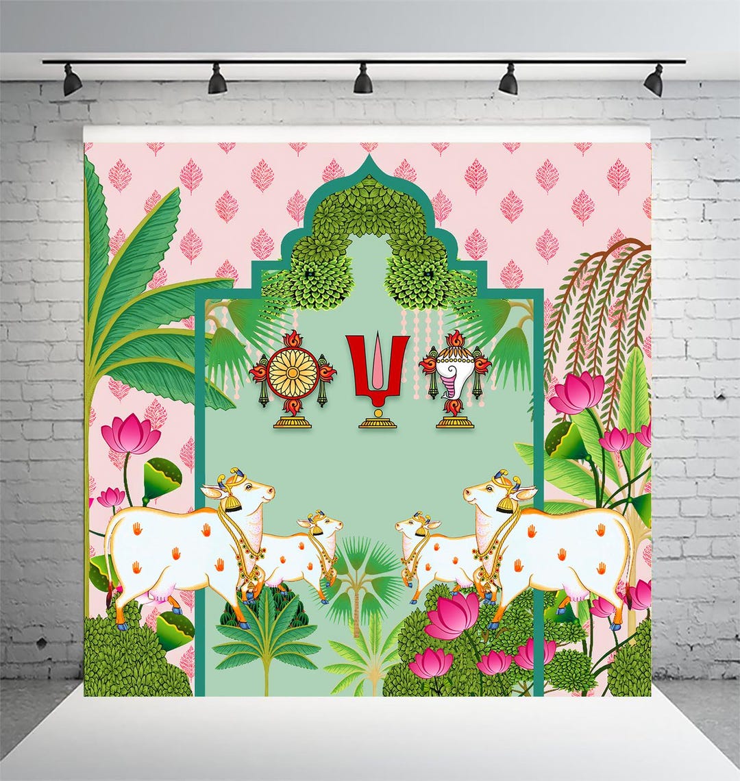 Pichwai Shankh Chakra Cow Backdrop: Krishna Mandir Pooja Decor - Etsy