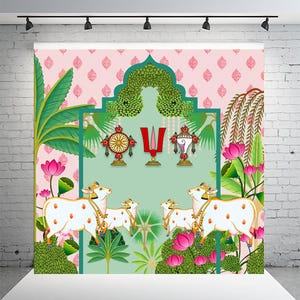 Pichwai Shankh Chakra Cow Backdrop | 8x8 ft | Krishna Mandir Decor | Festival Pooja Backdrop | Traditional Indian Wall Hanging