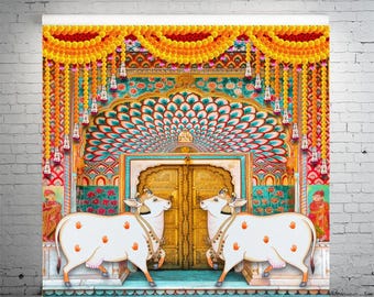 Fondo de vaca Pichwai: estilo palacio, decoración de festival indio, 2,4 x 2,4 m
