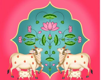 Fondo de Gomata rosa: Arte de Pichwai de Vaca Sagrada para Pooja y bodas (2,4 x 2,4 m)