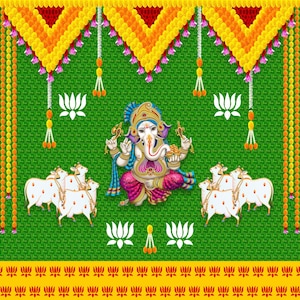 Festival Backdrops Sacred Ganesha with Cow (8Ft-8Ft)  Backdrop – A Divine Touch of Pichwai Art for Your Celebrations, Backdrop Cloth Pooja