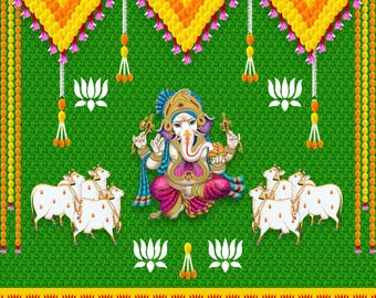 Ganesha con fondo de vaca: Decoración de Pichwai Art Pooja (2,4 m - 2,4 m)
