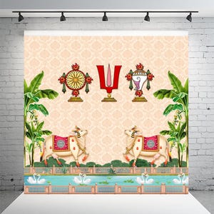 Festival Backdrops Shankham Chakram Pooja Backdrop | 8x8 ft Festival Decor | Vishnu Mandir Background for Janmashtami  & Pooja Ceremonies