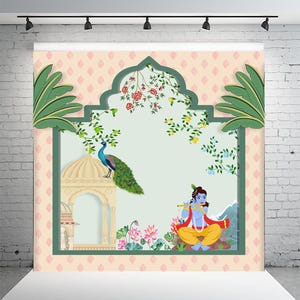 Krishna with Peacock Backdrop Cloth (8Ft-8Ft) – Divine Festival & Wedding Décor Cloth House Pooja Decoration