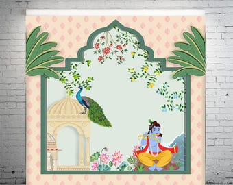 Achtergrond Krishna en pauw – Indiase bruiloft en poejadecor (8 x 8 ft)