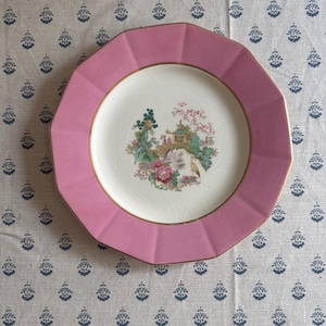 Myott & Son decorative plate with cherry blossom Garden scene. Made in England. Pink rim. Vintage dishware decor.