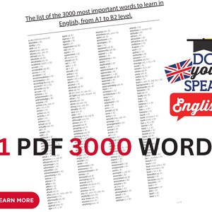 以下が含まれることがあります： イギリスの国旗が付いた卒業帽子のイラスト。赤い吹き出しに「DO you SPEAK English?」の文字。赤い文字と黒い文字で「11 PDF 3000 WORDS」の文字。左下に「LEARN MORE」と書かれた青いボタン。ページの上部に「The list of the 3000 most important words to learn in English, from A1 to B2 level.」の文字。