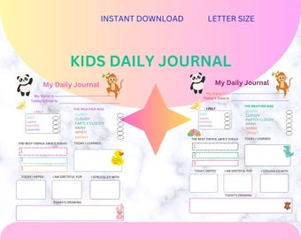 May include: A printable kids daily journal with a pink and yellow background. The journal has sections for writing about feelings, the weather, the best things about the day, what they learned, what they helped with, what they are grateful for, what they struggled with, and a space for a drawing. The journal has cute animal illustrations.
