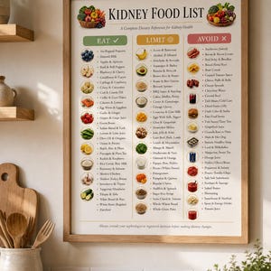 Pode incluir: Um pôster emoldurado intitulado "Kidney Food List" com três seções: "Eat", "Limit" e "Avoid". Cada seção lista alimentos com marcas de seleção, círculos ou cruzes. O pôster é uma referência dietética completa para a saúde renal.