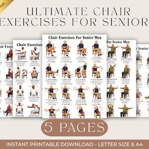 Op de afbeelding: Een set van vijf afdrukbare oefengidsen voor senioren. De gidsen tonen stoeloefeningen met instructies en diagrammen. De titel luidt "ULTIMATE CHAIR EXERCISES FOR SENIORS". Direct downloaden in Letter- en A4-formaat.