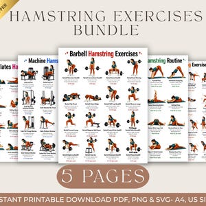 Könnte beinhalten: Ein Set aus fünf druckbaren Übungsanleitungen. Die Anleitungen umfassen Pilates, Maschinen-Hamstring-Übungen, Langhantel-Hamstring-Übungen, eine Hamstring-Routine und andere Übungen. Die Anleitungen sind mit dem Text "HAMSTRING EXERCISES BUNDLE" und "5 PAGES" beschriftet.