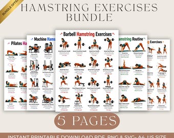Hamstring Dumbbell Workout Bundle, Home Hamstring Exercises, Full Body Workout Charts, Arms Legs Glutes Back Core Wall Posters Laminated PDF