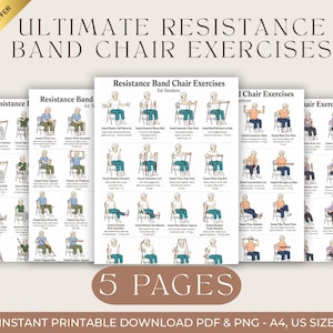 Ultimata övningar med motståndsband i stol för seniorer, utskrivbara, posterset med sittande träning för kvinnor, PDF-paket med fitness för seniorer, direktnedladdning bild 1