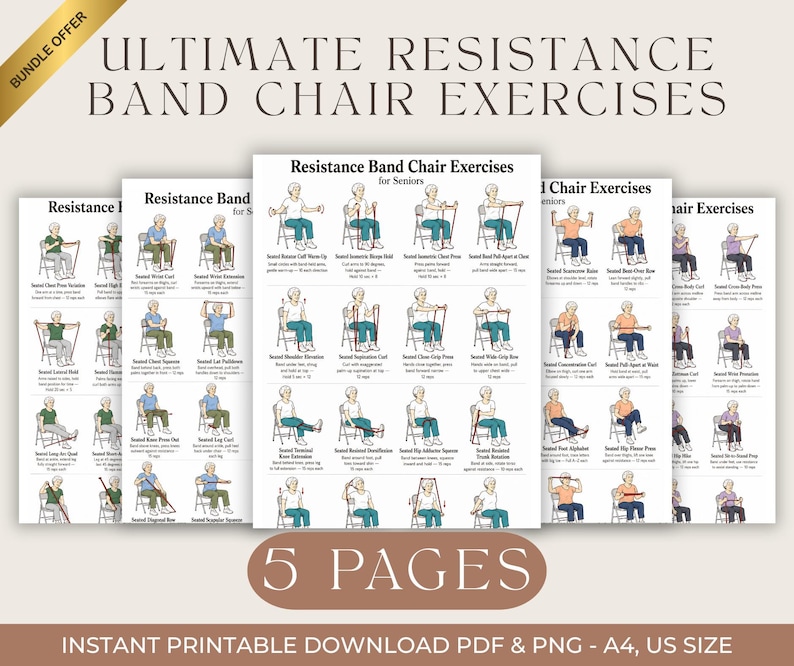 Ultimata övningar med motståndsband i stol för seniorer, utskrivbara, posterset med sittande träning för kvinnor, PDF-paket med fitness för seniorer, direktnedladdning bild 1