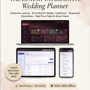 May include: A digital wedding planner displayed on a laptop, tablet, and smartphone. The screens show budget tracking, checklists, and real-time totals. Text includes "The Luxury Interactive Wedding Planner" and features like interactive seating and smart alerts.