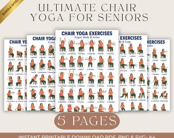Seated Chair Yoga for Seniors, Printable Workout Bundle, Strength Flexibility Mobility Exercises for Older PDF PNG SVG, Instant Download