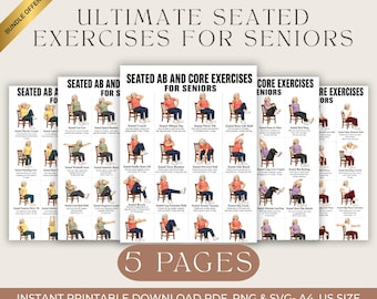 Chair Exercises for Seniors, Seated Full Body + Ab Core Workout Chart, Gentle Fitness Routine for Elderly PDF PNG SVG, Instant Download