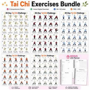 Può includere: Un pacchetto di poster di esercizi di Tai Chi e un life planner. I poster presentano illustrazioni di movimenti di Tai Chi per una sfida di 30 giorni. Il pacchetto include un download digitale, formato A4/US letter e formati PNG/SVG. Il life planner include pagine di pianificazione giornaliera, settimanale e mensile.