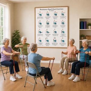 Ultimata övningar med motståndsband i stol för seniorer, utskrivbara, posterset med sittande träning för kvinnor, PDF-paket med fitness för seniorer, direktnedladdning bild 3