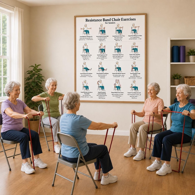Ultimata övningar med motståndsband i stol för seniorer, utskrivbara, posterset med sittande träning för kvinnor, PDF-paket med fitness för seniorer, direktnedladdning bild 3