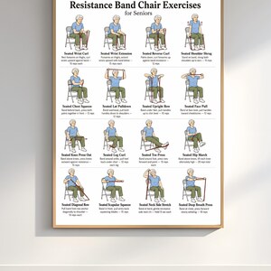 Ultimata övningar med motståndsband i stol för seniorer, utskrivbara, posterset med sittande träning för kvinnor, PDF-paket med fitness för seniorer, direktnedladdning bild 2