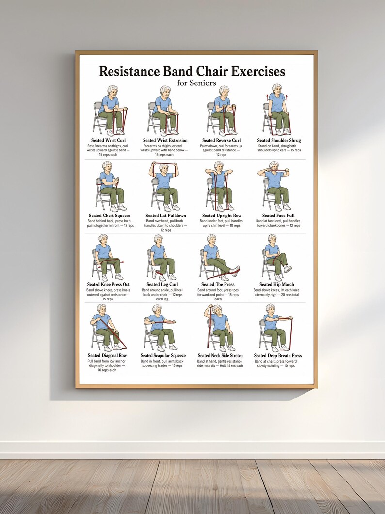 Ultimata övningar med motståndsband i stol för seniorer, utskrivbara, posterset med sittande träning för kvinnor, PDF-paket med fitness för seniorer, direktnedladdning bild 2