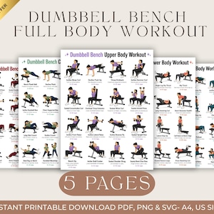 Puede incluir: Un conjunto de cinco guías de entrenamiento imprimibles con ejercicios con mancuernas. Cada página muestra ejercicios ilustrados para un entrenamiento de cuerpo completo, incluyendo rutinas de la parte superior del cuerpo y del core. El texto dice "Dumbbell Bench Full Body Workout" y "5 Pages".