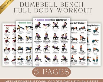 Dumbbell Bench Full Body Workout Bundle, Upper Body Chest Back Arms Shoulders Exercises Chart Printable, Home Gym PDF Instant Download