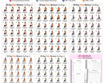 30 Day Full Body Chair Exercises, Seated Exercise Chart, Seated Senior Workout, Low Impact Gentle, Sitting No Equipment Elderly Home Fitness