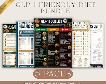 GLP-1 Diet Food List Bundle Printable, High Protein Fiber Foods Chart, Weight Loss Nutrition Guide, GLP1 Meal Planning PDF