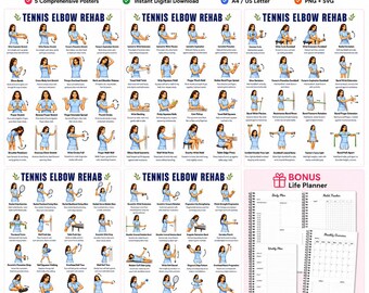 Tennis Elbow Rehab Exercises Poster Bundle, Wrist Pain Relief Chart, Pickleball Elbow Stretch Workout Printable PDF Set Digital Download