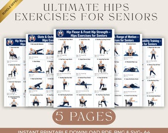Hips Exercises for Seniors Bundle, Hip Strength & Flexibility Workout, Chair Standing Mobility Routine Printable PDF, PNG Instant Download