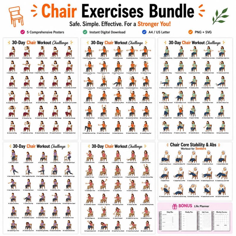Seated Core Exercises for Seniors Bundle, Chair Core Stability Workout ...