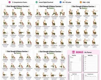 Full Body Chair Strength & Balance Exercises for Seniors Bundle, Seated Workout Chart Printable PDF PNG, Gentle Low Impact Elderly Fitness