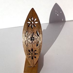 Walnut tatting shuttle with cutouts 3" long