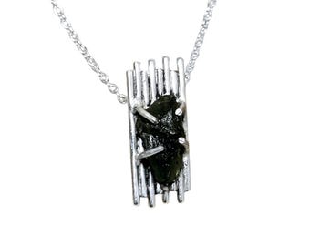Natural Moldavite Pendant, Sterling Silver Necklace, Genuine Moldavite Crystal Jewelry