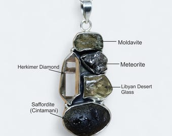 May include: A silver pendant necklace featuring a collection of natural gemstones. The pendant includes Moldavite, a Herkimer Diamond, a Meteorite, Libyan Desert Glass, and Saffordite (Cintamani) stones. The stones are various shades of green, black, and clear.